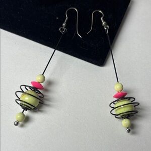 Funky Wire Long Pink and Yellow Beaded Spiral Dangle Earrings 3”